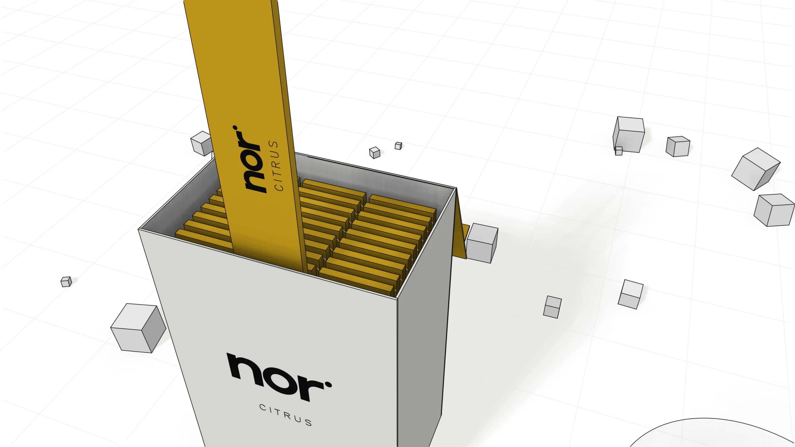 The nor box in 3D, open, with the sticks inside.